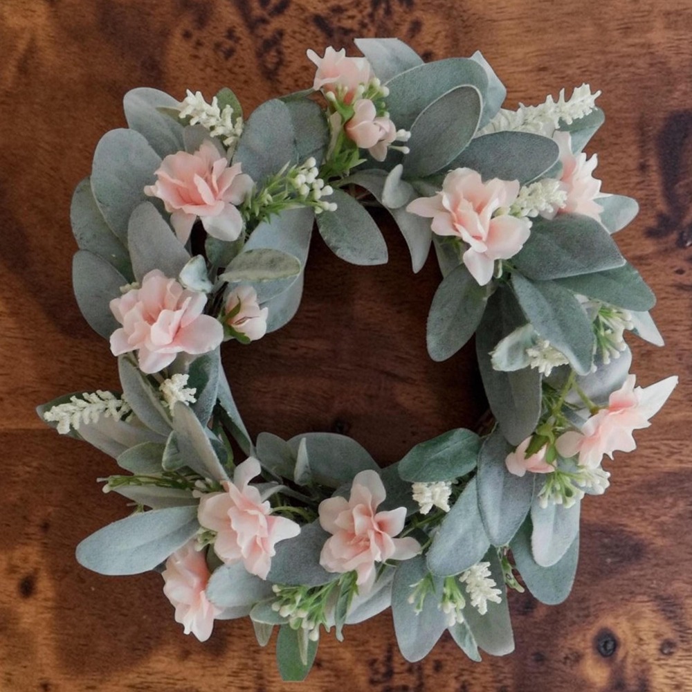 Artificial Lambs Ear Wreath with pink Camilla 13 Inch Diameter Candle Ring